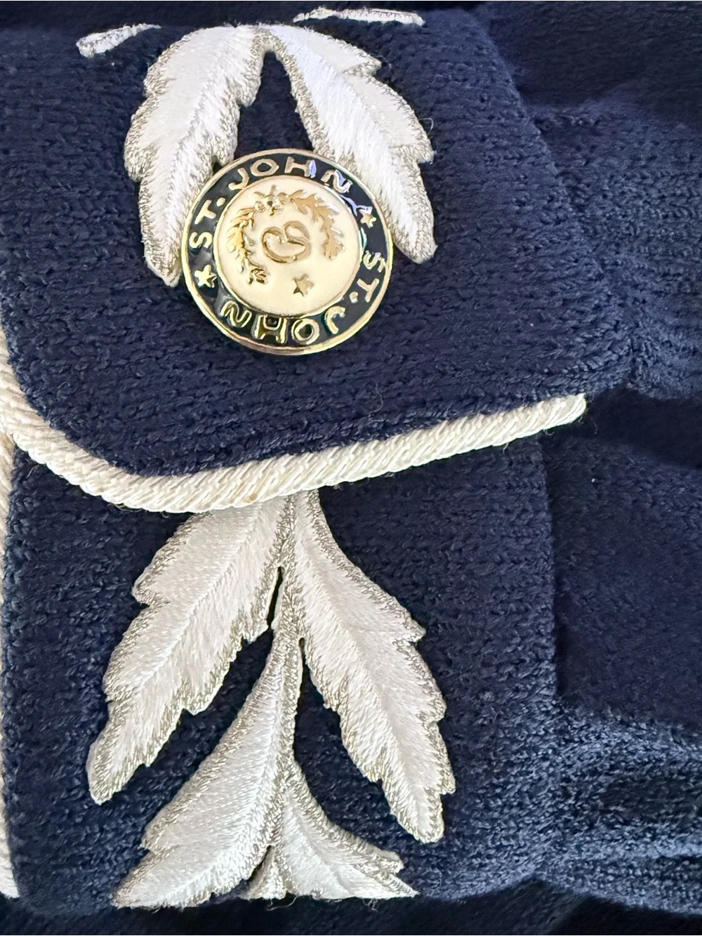 St. John Marie Gray Santana Knit Jacket Navy Embroidered Collar Gold Buttons S - Picture 9 of 12